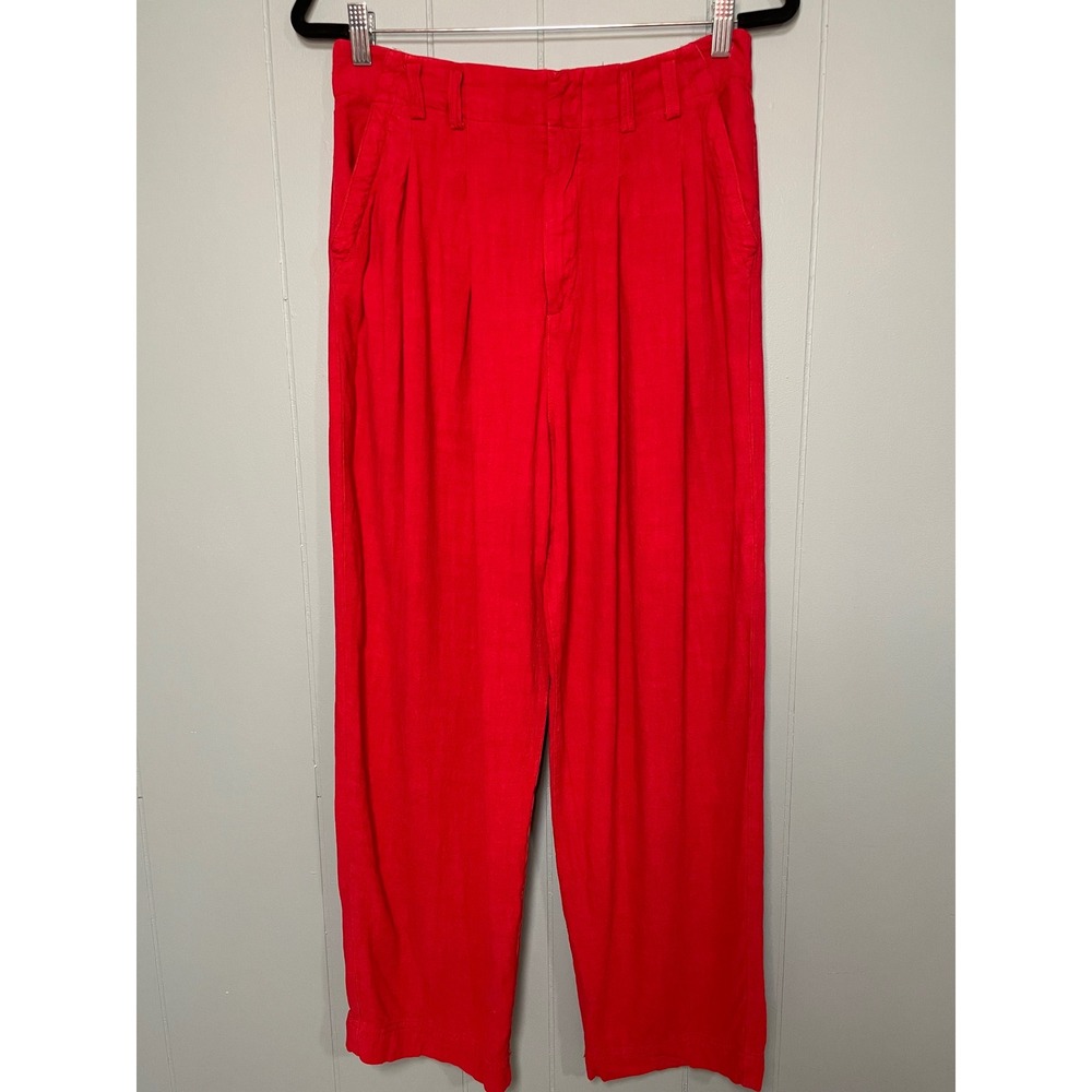 Free People Trousers Womens 6 Red Excellent‎ Linen Blend Pleated Wide Leg
